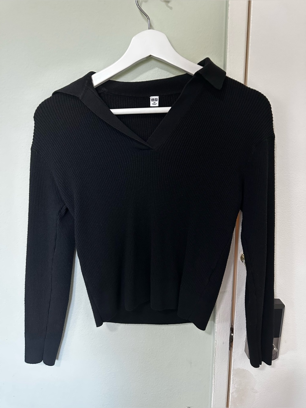Washable Ribbed Knit Polo Sweater V neck UNIQLO XS black